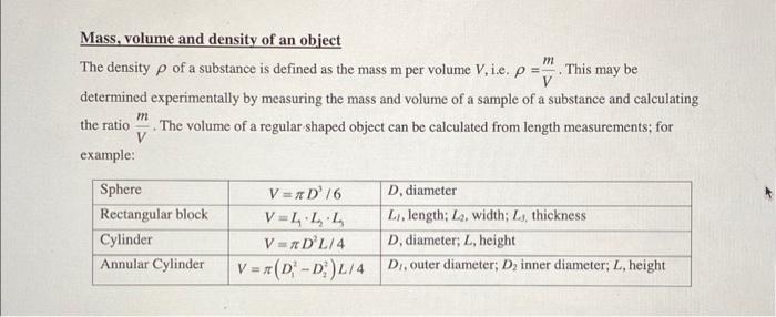 experiment 1 measurement of mass volume and density