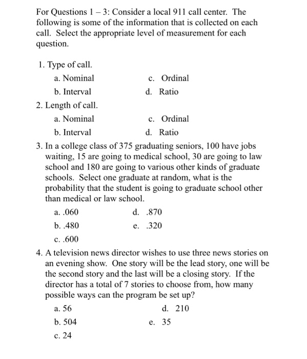 911 Math Question Solved For Questions 1 – 3: Consider a local 911 call | Chegg.com