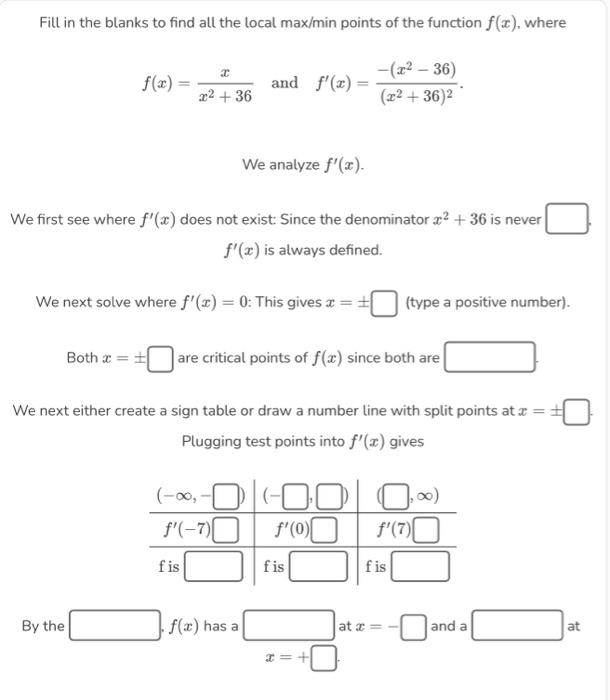 Solved Fill in the blanks to find all the local max/min | Chegg.com