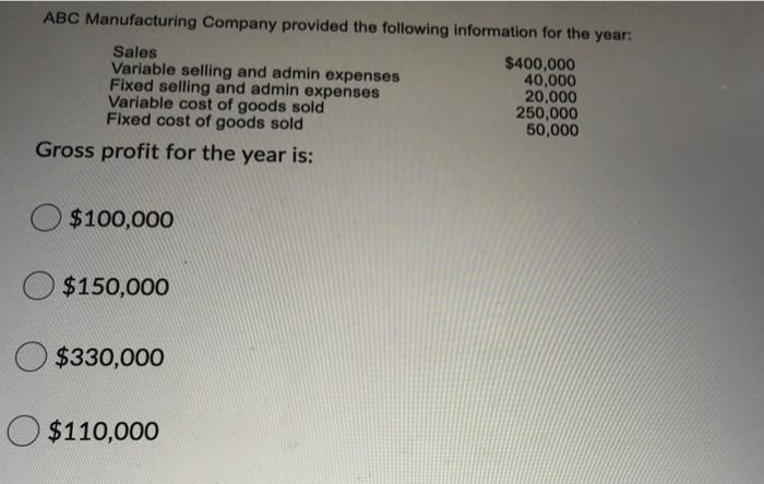 Solved ABC Manufacturing Company Provided The Following | Chegg.com