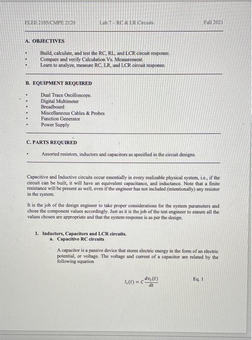 Solved ELEE 2105/CMPE 2120 Lab 7-RC & LR Circuits Fall 2021 | Chegg.com