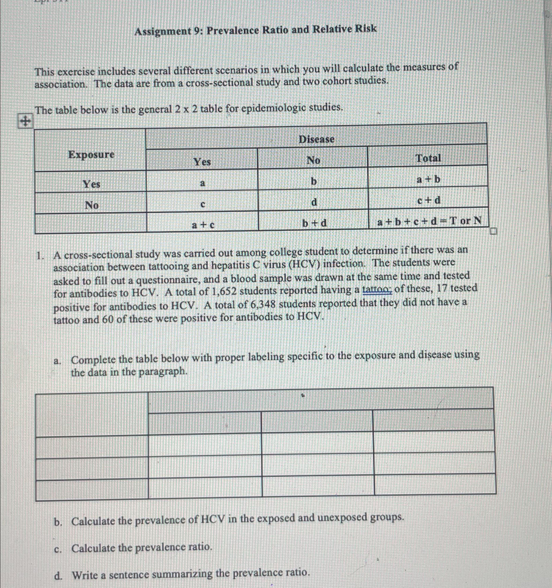 Assignment 9: Prevalence Ratio and Relative RiskThis | Chegg.com