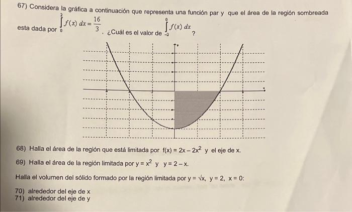 67) Considera la gráfica a continuación que representa una función par y que el área de la región sombreada esta dada por \(