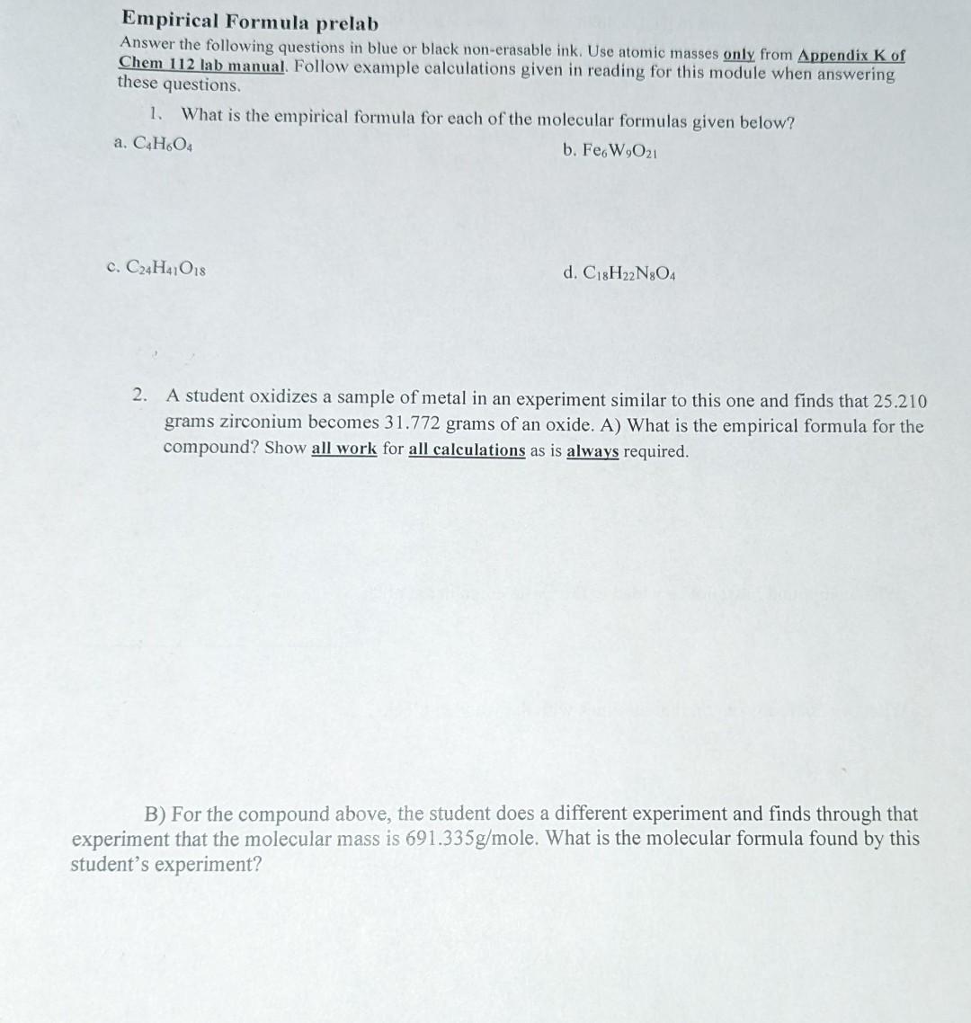 Solved Empirical Formula Prelab Answer The Following | Chegg.com