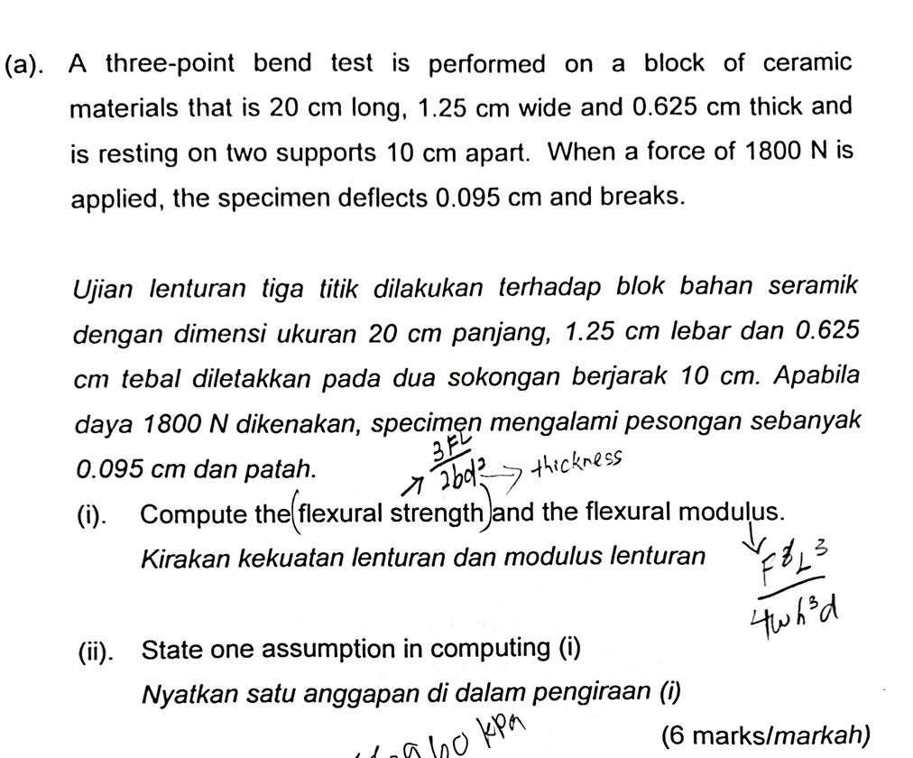 Solved (a). ﻿A three-point bend test is performed on a block | Chegg.com