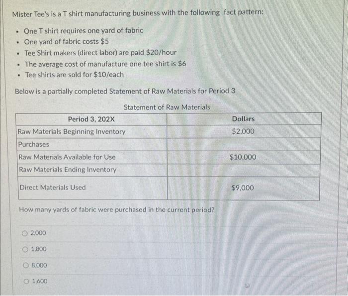 Solved Mister Tee's is a T shirt manufacturing business with