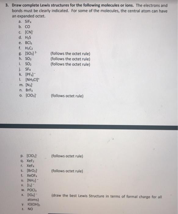 Solved 3. Draw complete Lewis structures for the following | Chegg.com
