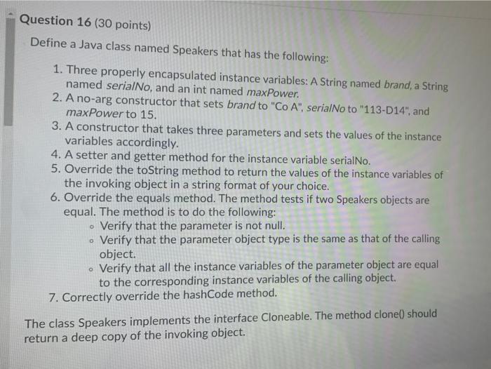 Solved Question 16 (30 points) Define a Java class named | Chegg.com