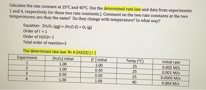 Solved Calculate the rate constant at 25°C and 40°C. Use the | Chegg.com