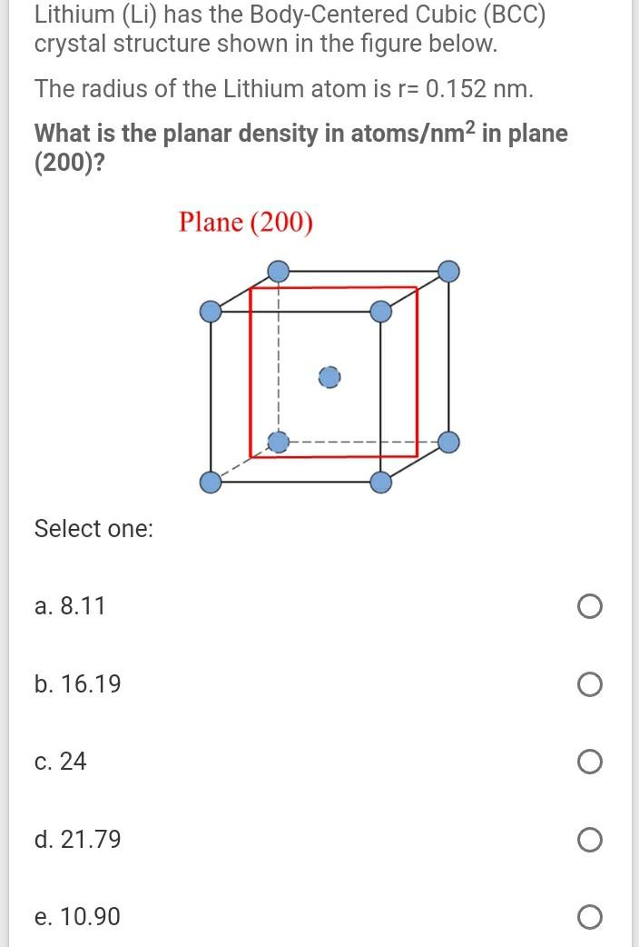 Solved Lithium (Li) has the Body-Centered Cubic (BCC) | Chegg.com