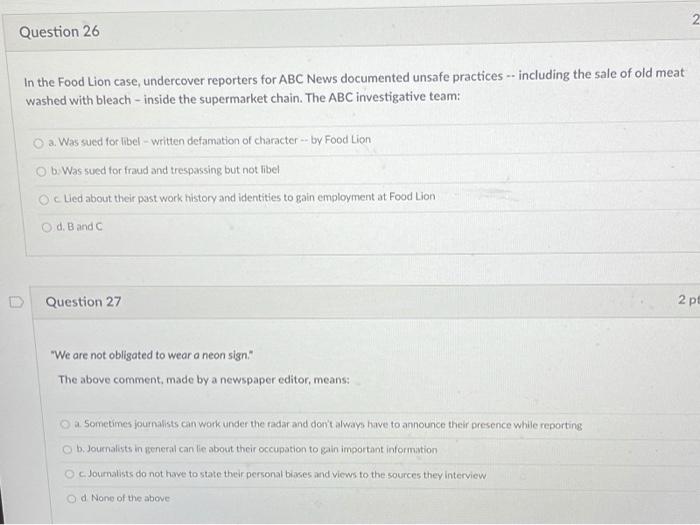 Solved Question 26 In the Food Lion case, undercover | Chegg.com