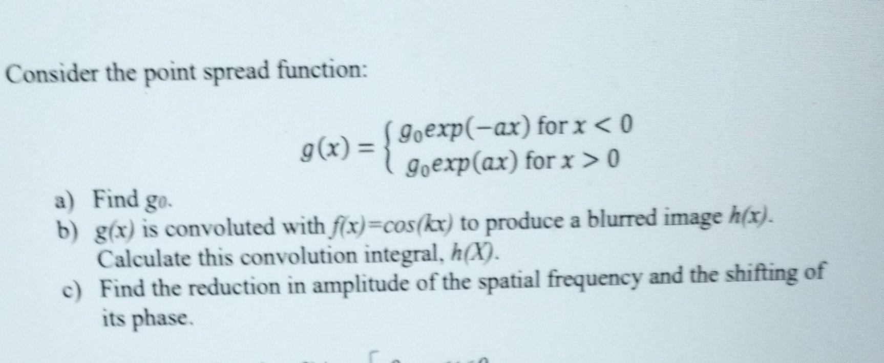 Point Spared Function Solved Consider the point spread function: g(x)={g0exp(−ax) | Chegg.com