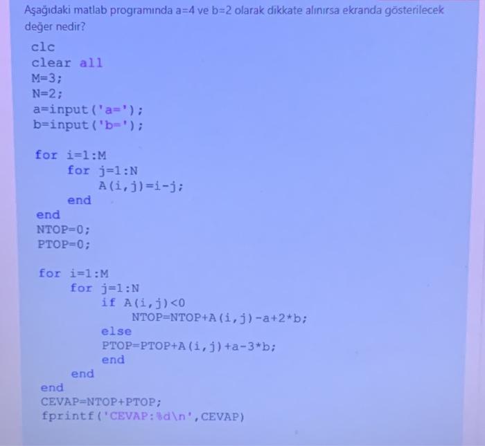 Solved Aşağıdaki Matlab Programında A=4 Ve B=2 Olarak | Chegg.com