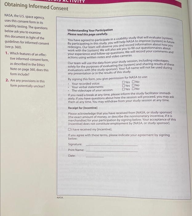 NASA, the U.S. space agency, uses this consent form | Chegg.com
