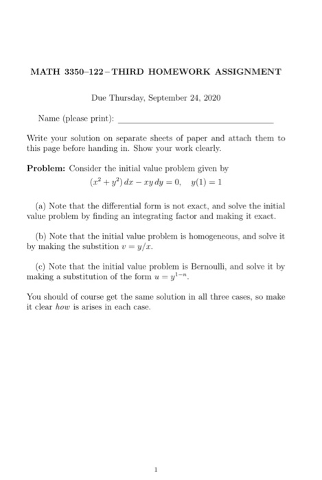 Solved MATH 3350-122 - THIRD HOMEWORK ASSIGNMENT Due | Chegg.com