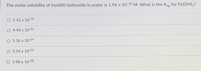Solved The molar solubility of iron(III) hydroxide in water | Chegg.com