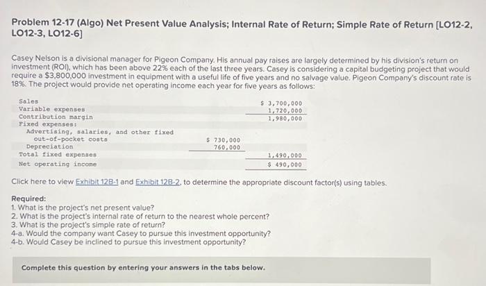 Solved Problem 12-17 (Algo) Net Present Value Analysis; | Chegg.com