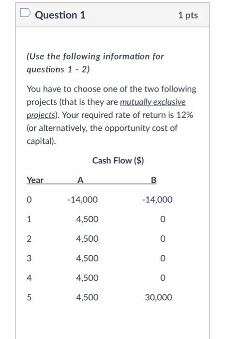 Solved Question 1 1 pts (Use the following information for | Chegg.com