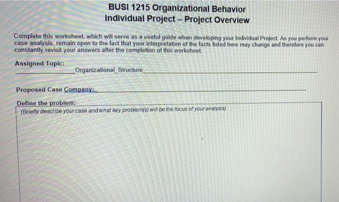 Solved BUSI 1215 Organizational Behavior Individual Project | Chegg.com