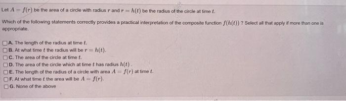 Solved Let A=f(r) be the area of a circle with radius r and | Chegg.com