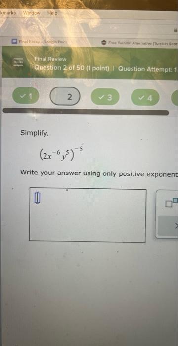 Solved Simplify. (2x−6y5)−5 Write your answer using only | Chegg.com
