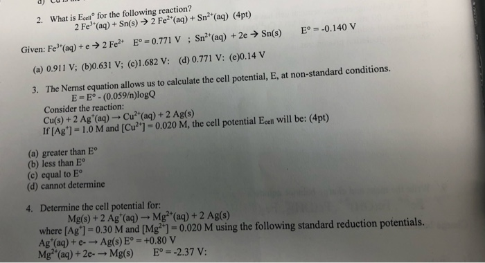 Solved D Lui 2 What Is Ecellº For The Following Reactio Chegg Com