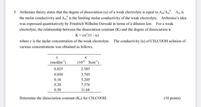 5. Arrhenius theory states that the degree of dissociation \( (\alpha) \) of a weak electrolyte is equal to \( \Lambda_{\math