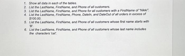 Solved 1. Show all data in each of the tables. 2. List the | Chegg.com