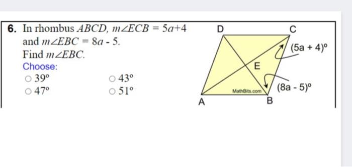 Solved D S 5a 4 º 6 In Rhombus Abcd Mzecb 5a 4 And Chegg Com