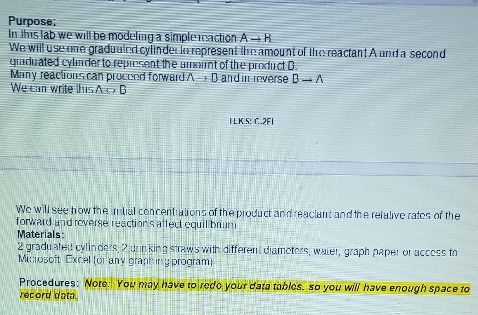 Straw Lab Introduction to Equilibrium Background