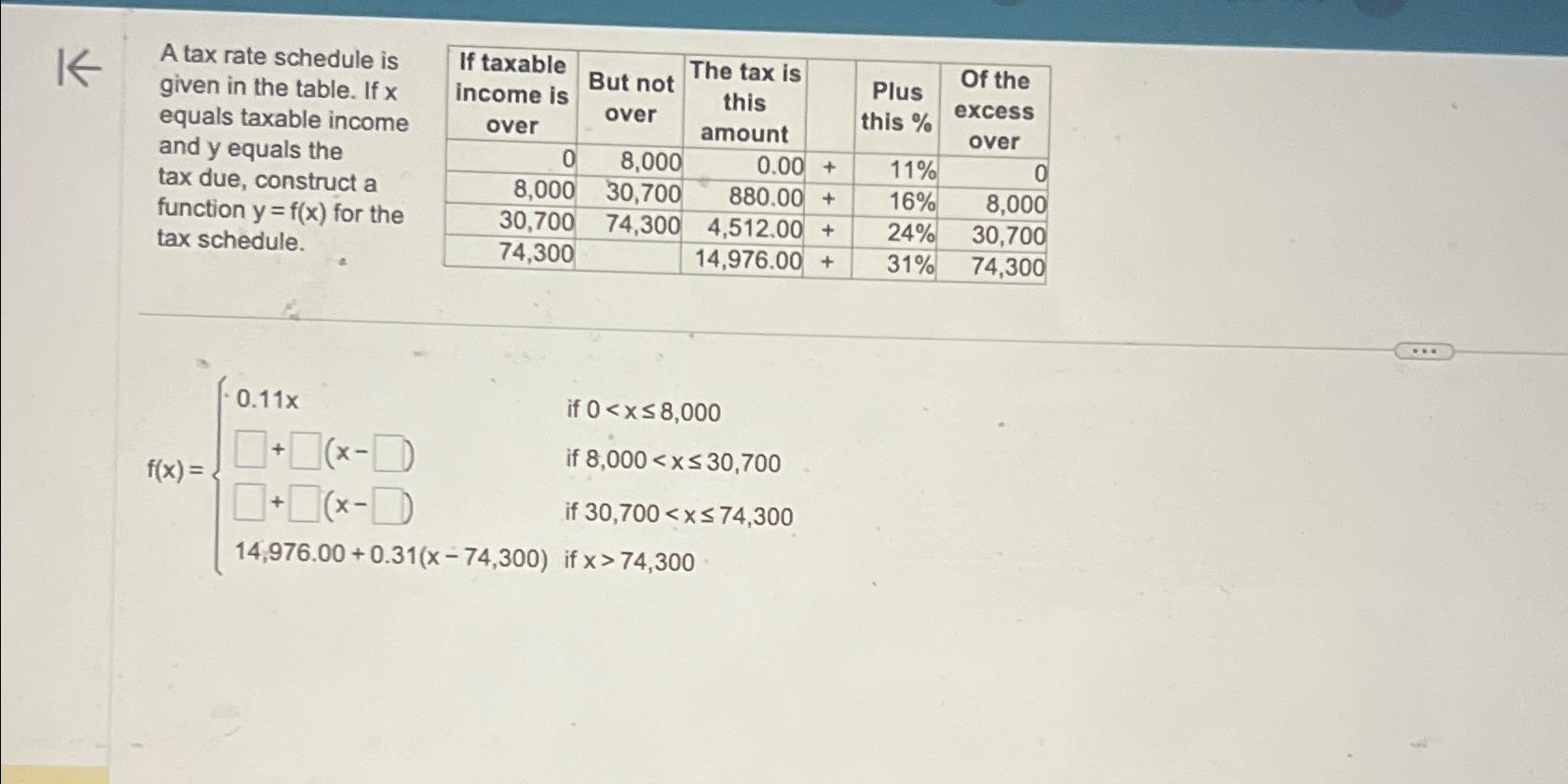 Solved A tax rate schedule is given in the table. If x | Chegg.com
