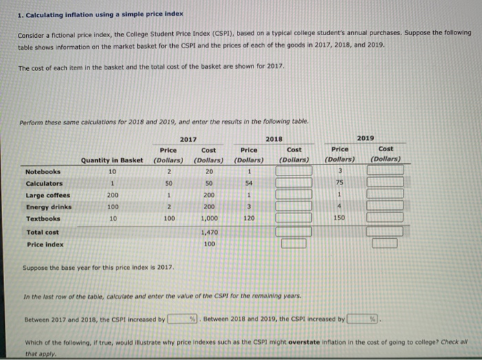 Solved 1. Calculating Inflation Using A Simple Price Index | Chegg.com
