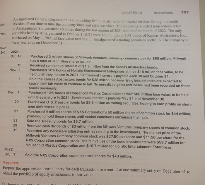 Solved CHAPTER 12 Investments 707 eld. Amalgamated General