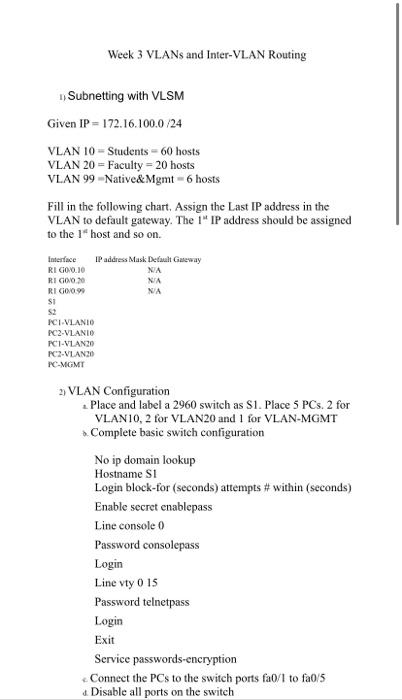 Solved Week 3 VLANs and Inter-VLAN Routing Subnetting with | Chegg.com