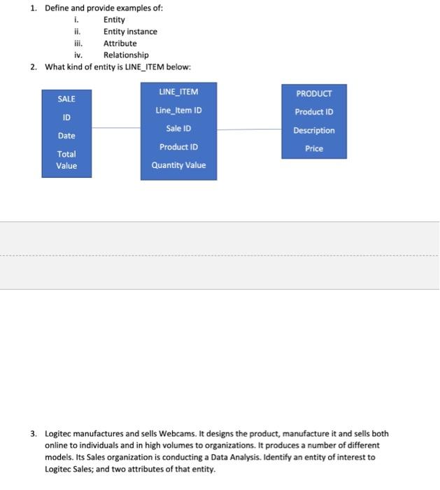 Solved 1. Define and provide examples of: i. Entity ii. | Chegg.com