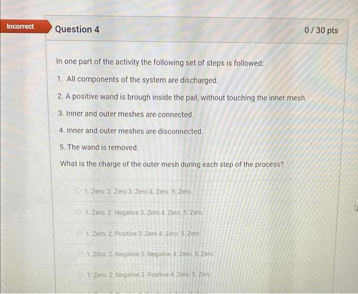 Solved Incorrect Question 4 0/30 pts In one part of the | Chegg.com