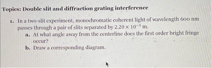 Topics: Double slit and diffraction grating interference
1. In a two-slit experiment, monochromatic coherent light of wavelen