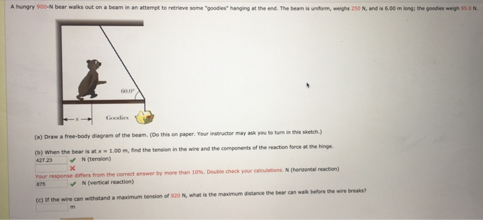 Solved A hungry 900-N bear walks out on a beam in an attempt | Chegg.com