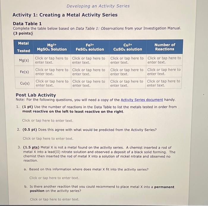 Solved Developing an Activity Series Activity 1 Creating a