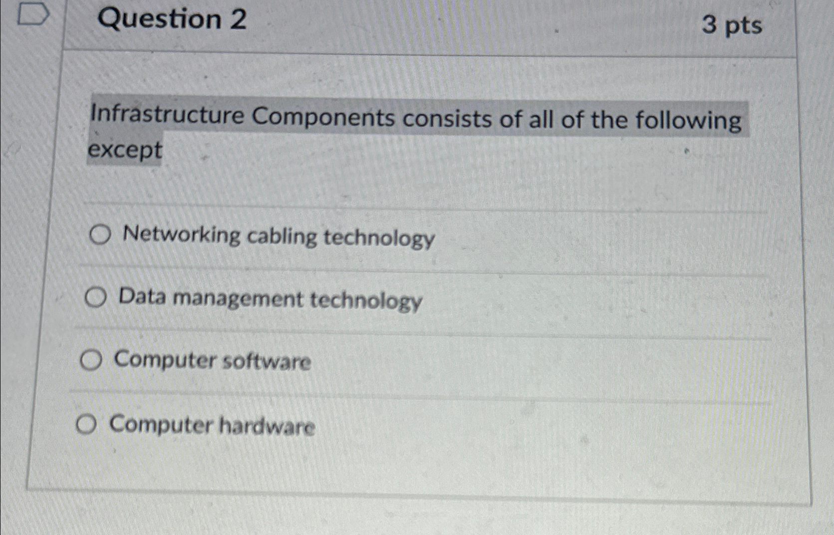 Solved Question 23 ﻿ptsInfrastructure Components consists of | Chegg.com