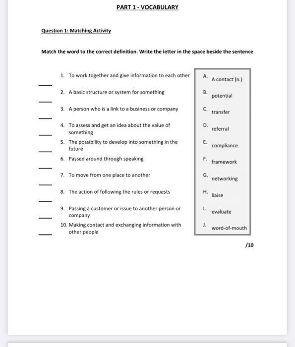 Solved Part 1 Vocabulary Question 1 Matching Activity