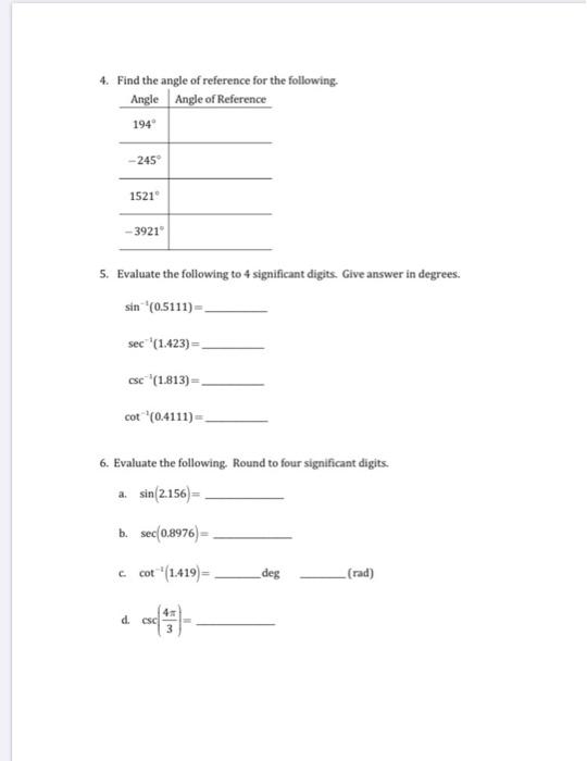 Solved 4. Find the angle of reference for the following | Chegg.com