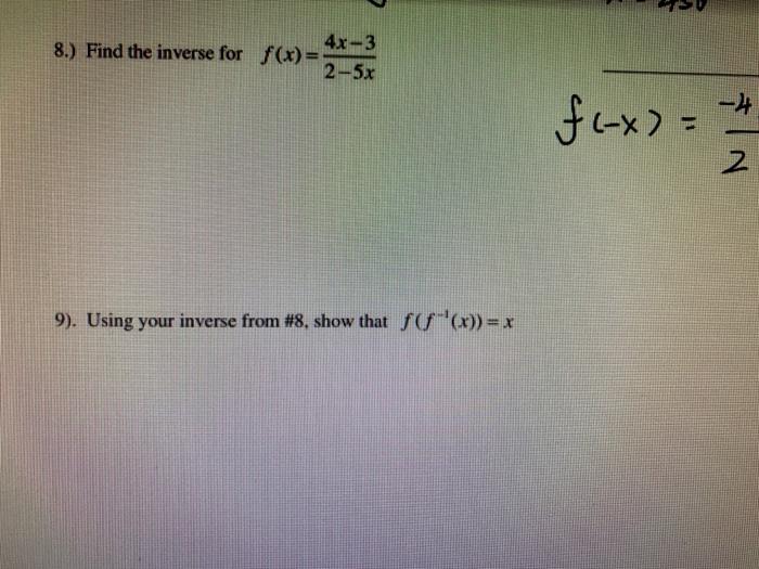 Solved 4x 3 8 Find The Inverse For F X 2 5x 4 F X Chegg Com