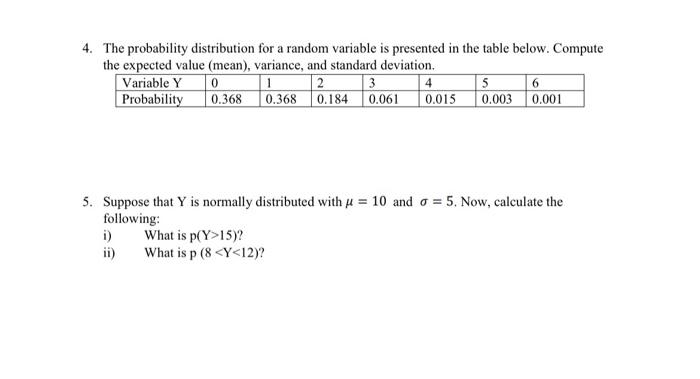 Solved 4. The probability distribution for a random variable | Chegg.com