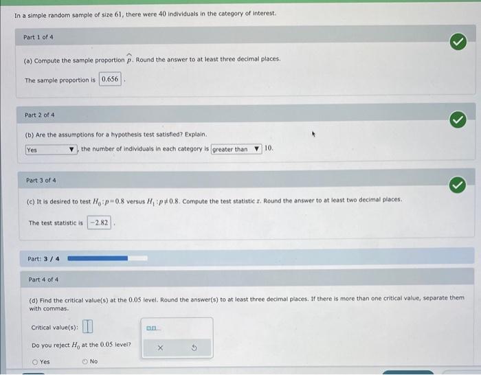 Solved In a simple random sample of size 61 , there were 40 | Chegg.com