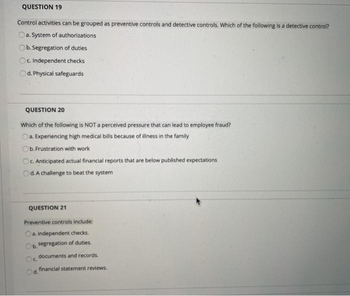 Solved QUESTION 19 Control activities can be grouped as | Chegg.com