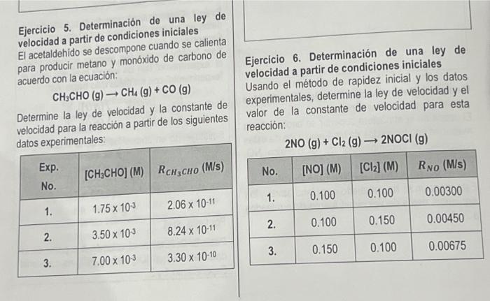 Ejercicio 5. Determinación de una ley de velocidad a partir de condiciones iniciales \( \mathrm{El} \) acetaldehido se descom