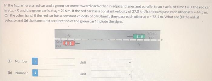 In the figure here, a red car and a green car move toward each other in adjacent lanes and parallel to an \( x \) axis. At ti