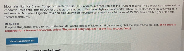 Solved Mountain High Ice Cream Company Transferred $63,000 | Chegg.com