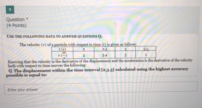 Solved 9 Question * (4 Points) USE THE FOLLOWING DATA TO | Chegg.com